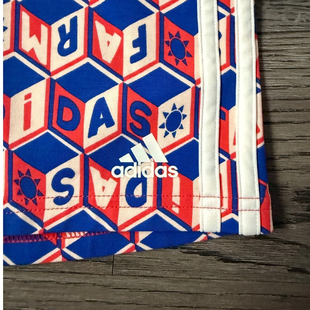 adidas x FARM Rio Cotton Bike Activewear Shorts Women XL Red Blue Logo Print NWT - Picture 11 of 13
